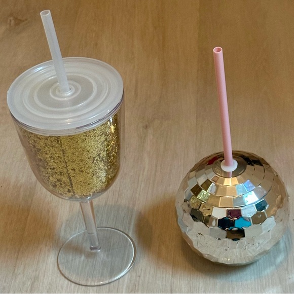 Party Drinkware Bundle: Reusable Silver Disco Ball Cup & Gold Glitter Wine Glass - Picture 2 of 16